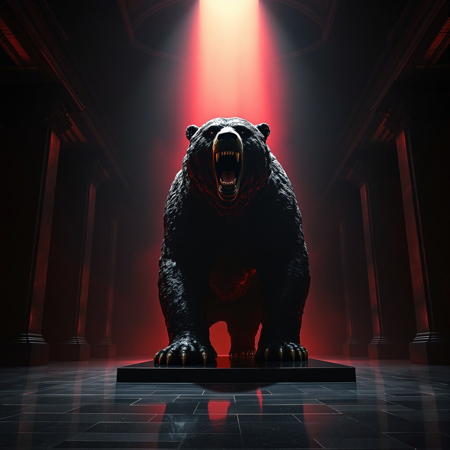 A monumental bronze bear statue lit by red light