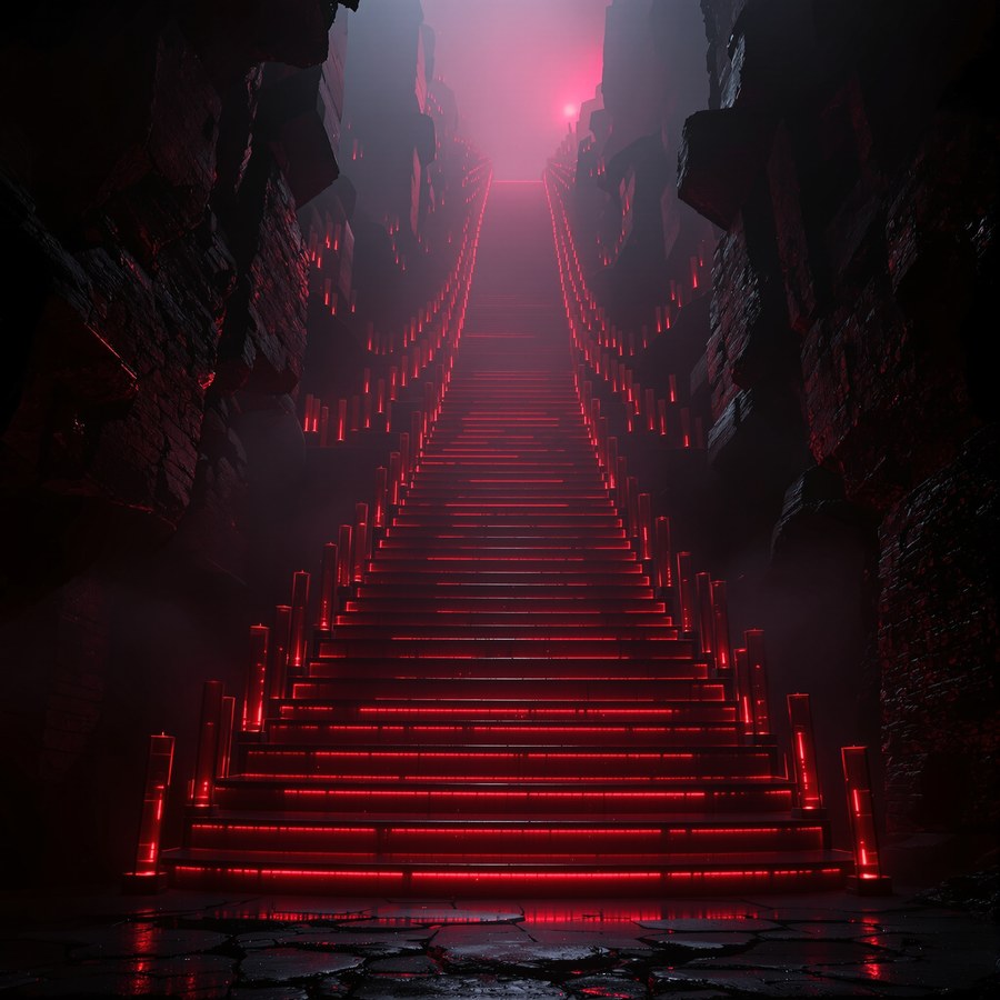 A monumental staircase of red candlestick bars descending into the dark