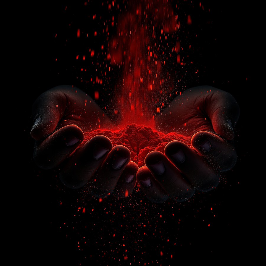 Open hands letting red dust fall through the fingers
